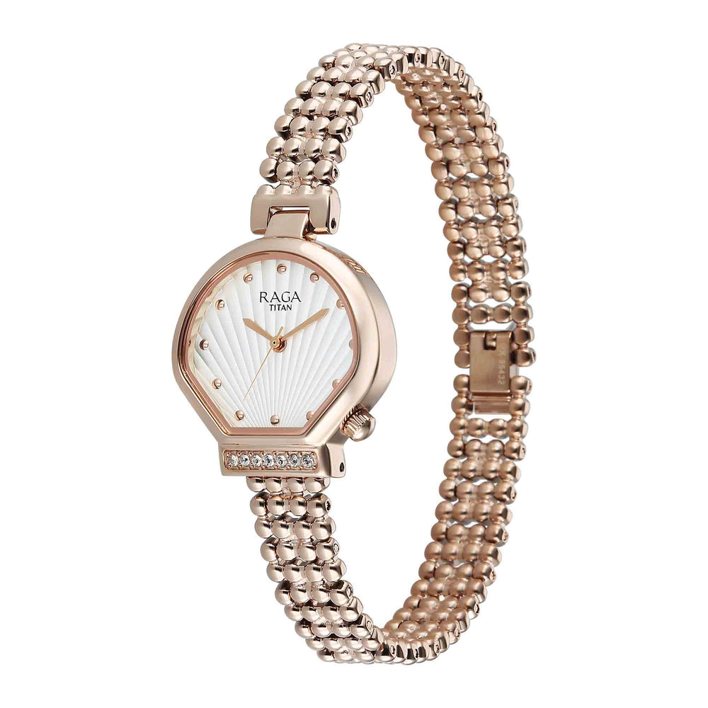Titan Raga Spotlight White Dial Rose Gold Metal Strap Analog Watch For Women