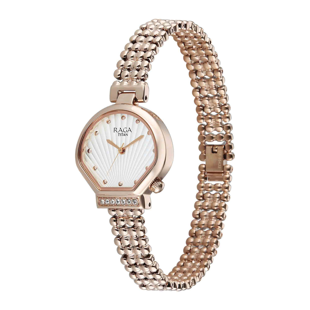 Titan Raga Spotlight White Dial Rose Gold Metal Strap Analog Watch For Women