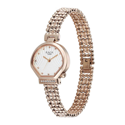 Titan Raga Spotlight White Dial Rose Gold Metal Strap Analog Watch For Women