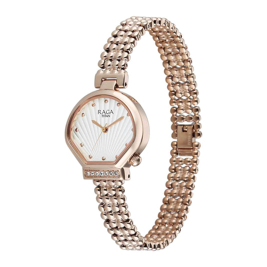 Titan Raga Spotlight White Dial Rose Gold Metal Strap Analog Watch For Women
