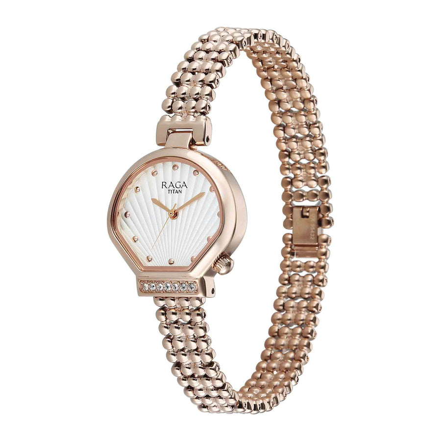 Titan Raga Spotlight White Dial Rose Gold Metal Strap Analog Watch For Women