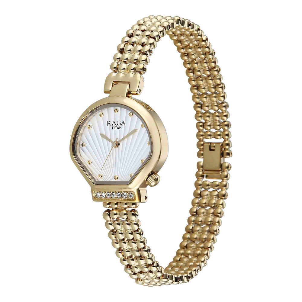 Titan Raga Spotlight White Dial Gold Metal Strap Analog Watch For Women