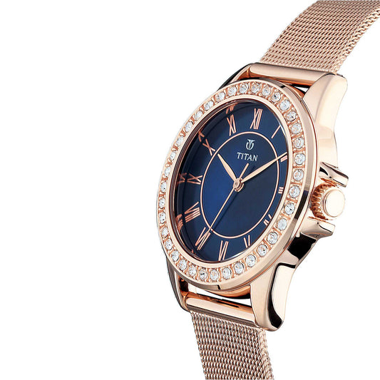 Titan Sparkle Blue Dial Stainless Steel Strap Watch for Women