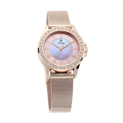 Jam Tangan Wanita Titan Sparkle Brass Pink Dial Stainless Steel Mesh Strap