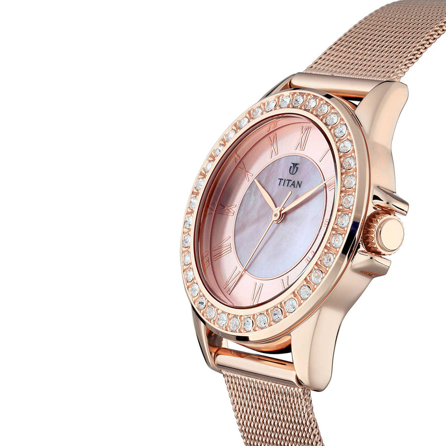 Jam Tangan Wanita Titan Sparkle Brass Pink Dial Stainless Steel Mesh Strap