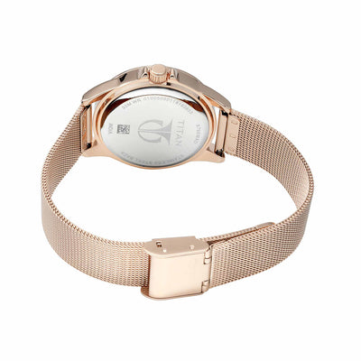 Jam Tangan Wanita Titan Sparkle Brass Pink Dial Stainless Steel Mesh Strap