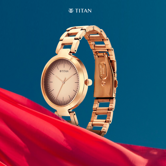 Titan Workwear Quartz Analog Beige Dial Rose Gold Stainless Steel Strap Watch for Women