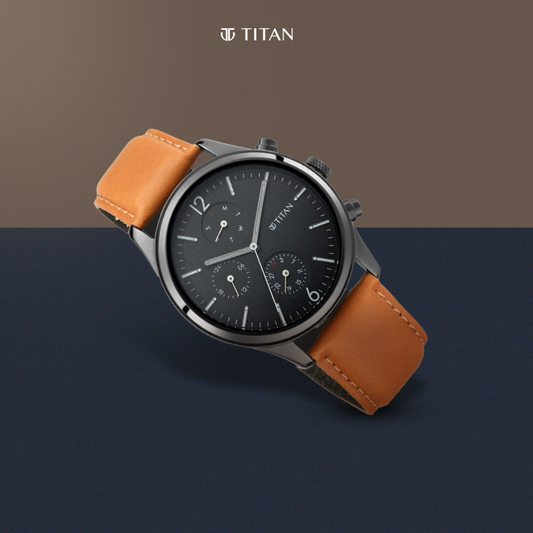 Titan Quartz Multifunction Black Dial Leather Strap Watch for Men